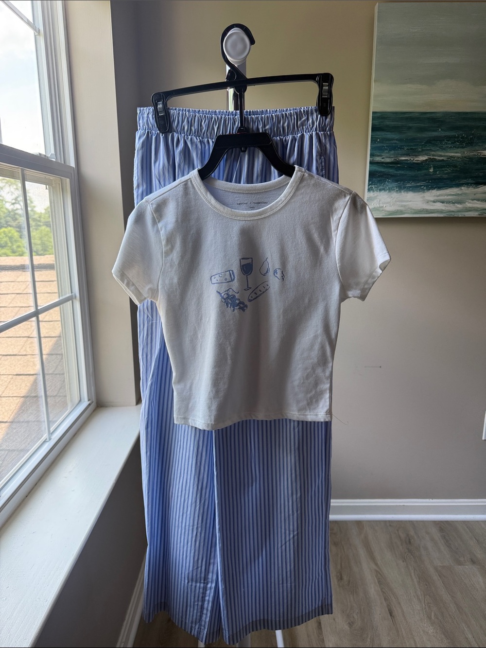 Kids Matching Set - White Tee & Light Blue Stripe Pants